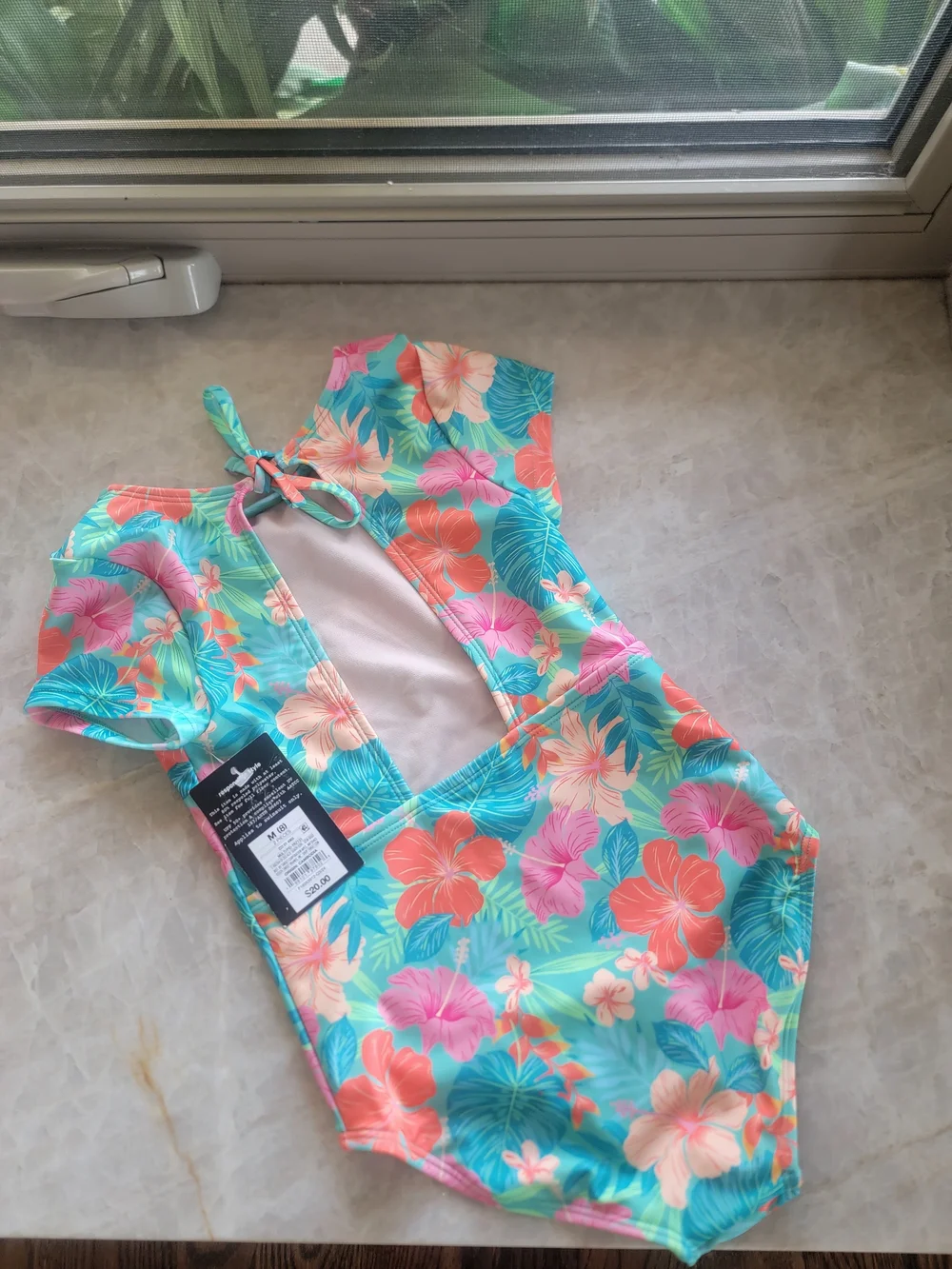 Art class Girls' Tropical Floral One-Piece Swimsuit in Green, Pink, Coral Size S